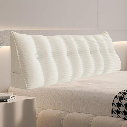 Daneey Headboard Pillow King, Triangular Wedge Headboard Pillow with Soft Corduroy Fabric, Wedge Bed Backrest Pillow for Sitting Up, Reading or Working, Long Bolster Pillow with Removable Cover, White