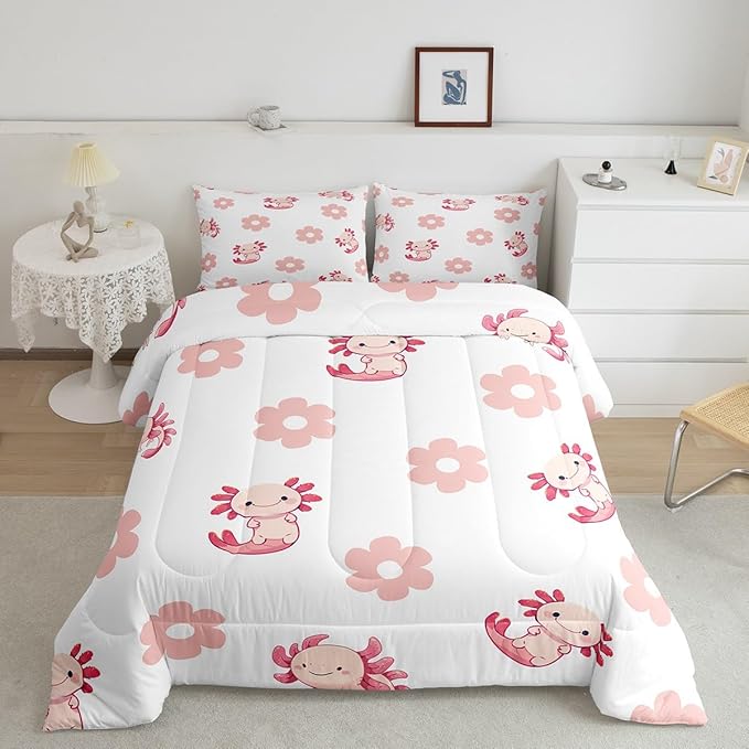Pink Axolotl Daisy Comforter Set Lovely Cartoon Wild Sealife Decor Bedding Set for Kids Girls Teens Watercolor Groovy Hippie Flowers Dreamy Microfiber Duvet Set with 1 Pillowcase Twin Size 2 Pcs