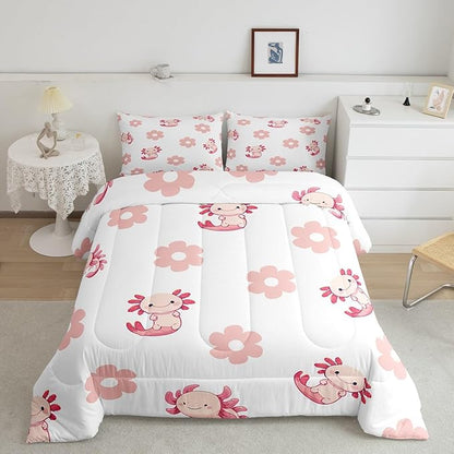 Pink Axolotl Daisy Comforter Set Lovely Cartoon Wild Sealife Decor Bedding Set for Kids Girls Teens Watercolor Groovy Hippie Flowers Dreamy Microfiber Duvet Set with 1 Pillowcase Twin Size 2 Pcs