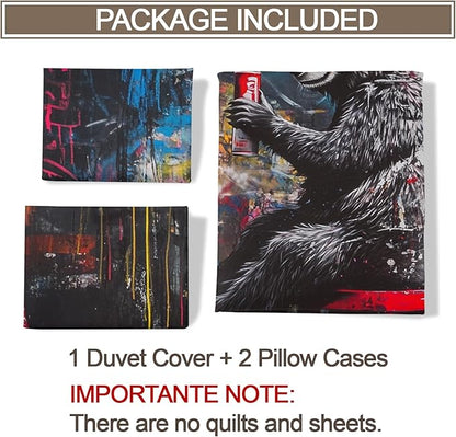 Panda Duvet Cover Full Size, Street Graffiti Panda Bedding Set 3 Piece Bedroom Decor Fun Colorful Comforter Cover and 2 Pillow Sham with Zipper Closure