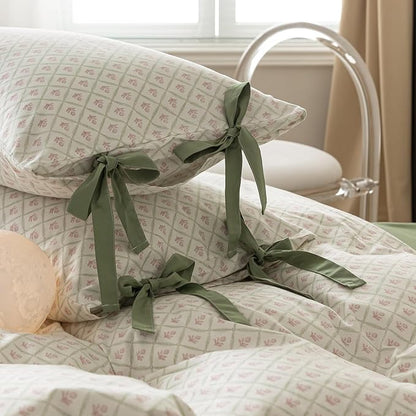 AOJIM Exquisite Pink Printed Duvet Cover Queen Size with Plaid Design, Pure Cotton Kids Adults Comforter Cover Set 3pcs for Room Decor, 1 Soft Quilt Cover and 2 Pillowcases with Bow Ties, No Comforter