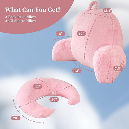 Reading Pillow for Bed,U Shaped & Back Support Pillow for Bed,17" Backrest with Lumbar & Arm Support,Luxurious Faux Rabbit Fur,Gaming PillowFor Crochet/Reading/Watching TV,Pink