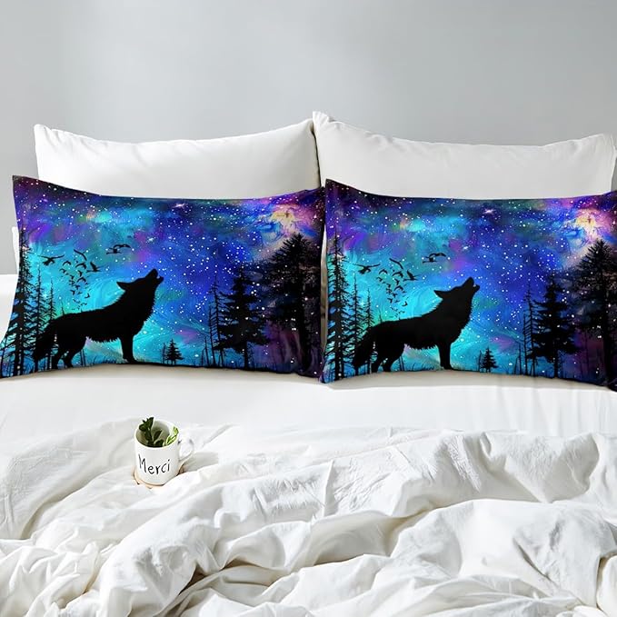 Castle Fairy Blue Galaxy Comforter Covet Full Size,Wolf Animal Trees Silhouette Duvet Cover with 2 Pillowcases,3 Piece,Stars Nebula Space Polyester Bedding Set for Boys Teens Bedroom Decor