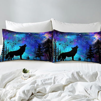 Castle Fairy Blue Galaxy Comforter Covet Full Size,Wolf Animal Trees Silhouette Duvet Cover with 2 Pillowcases,3 Piece,Stars Nebula Space Polyester Bedding Set for Boys Teens Bedroom Decor