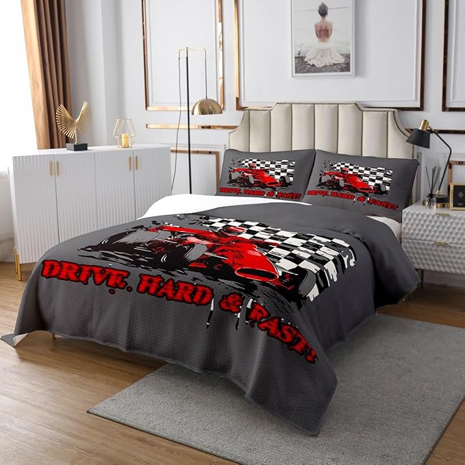 Erosebridal Sports Car Bedspread Speed Vehicles Coverlet Set for Adults Child Teens,Plaid Lattice Bedding Set Dirt Bike Hobby Activity Quilt Set Kids Car Theme Room Decor King Size Red Grey