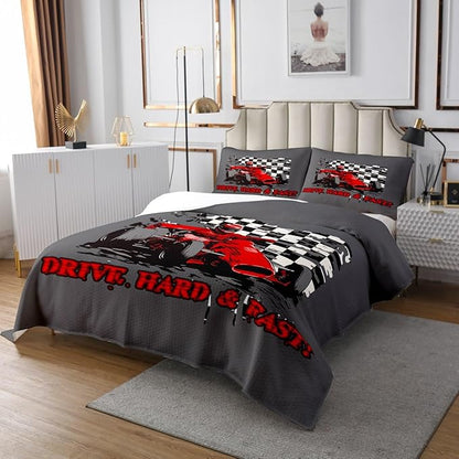 Erosebridal Go Kart for Kids Bedspread Boys Kart Drifting Coverlet Set Youth Karting Extreme Sport Bedding Set Black and White Buffalo Checked Quilt Set Red Racing Car Bedroom Decor Twin Size