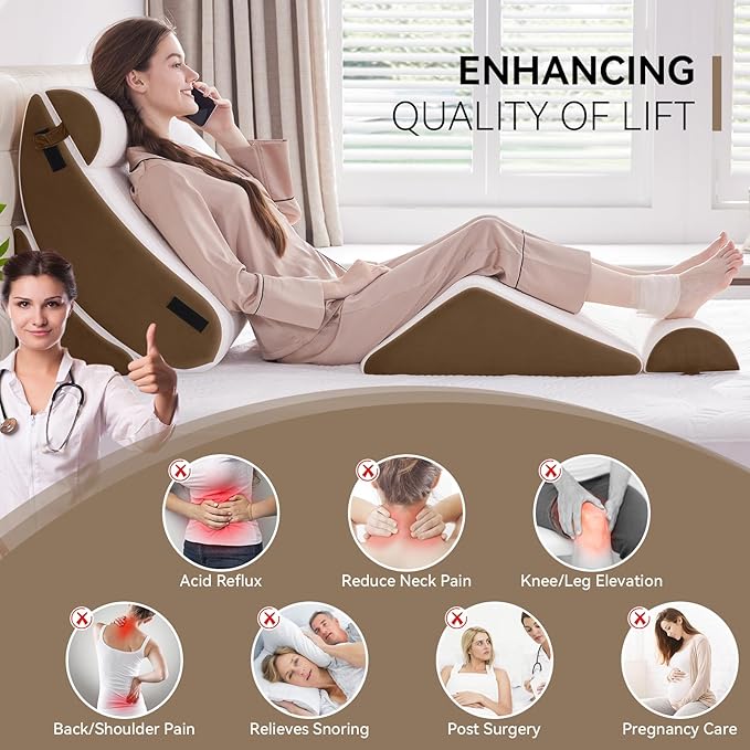 Wedge Pillow Set for After Surgery, 5 PCS Bed Wedge Pillow for Sleeping, Memory Foam Orthopedic Back Adjustable Pillow for Pain Relief and Acid Reflux with 2 PCS Axilla Pillow Brown