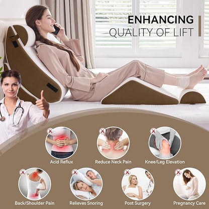 Wedge Pillow Set for After Surgery, 5 PCS Bed Wedge Pillow for Sleeping, Memory Foam Orthopedic Back Adjustable Pillow for Pain Relief and Acid Reflux with 2 PCS Axilla Pillow Brown