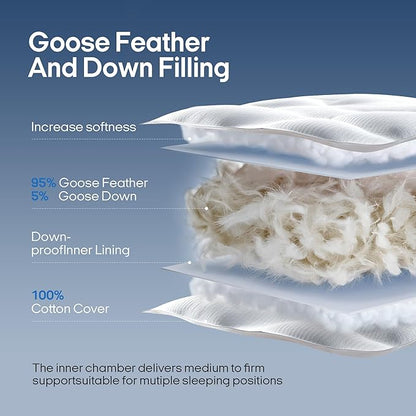 puredown® Goose Feathers and Down Pillows, Premium Medium to Firm Bed Pillows for Sleeping, Luxury Pillows with 100% Cotton Cover, 2 Pack, Standard Size, 20x26 Inches