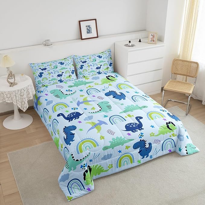 Feelyou Boys Dinosaur Toddler Bedding Sets King Size Girls Blue Green Dinosaurs Comforter Set Cute Cartoon Dino Rainbow Down Comforter Quilt Kids Room Decor Reversible Stars Bed Set for All Seasons