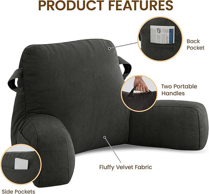Portable Comfy Reading Pillows for Bed Sitting Up(Grey Oeko-Tex), Velvet Back Pillow with Arms & Pockets for Adults, Support Memory Foam Bed Pillow for Dorm/Reading/Watching/Gaming
