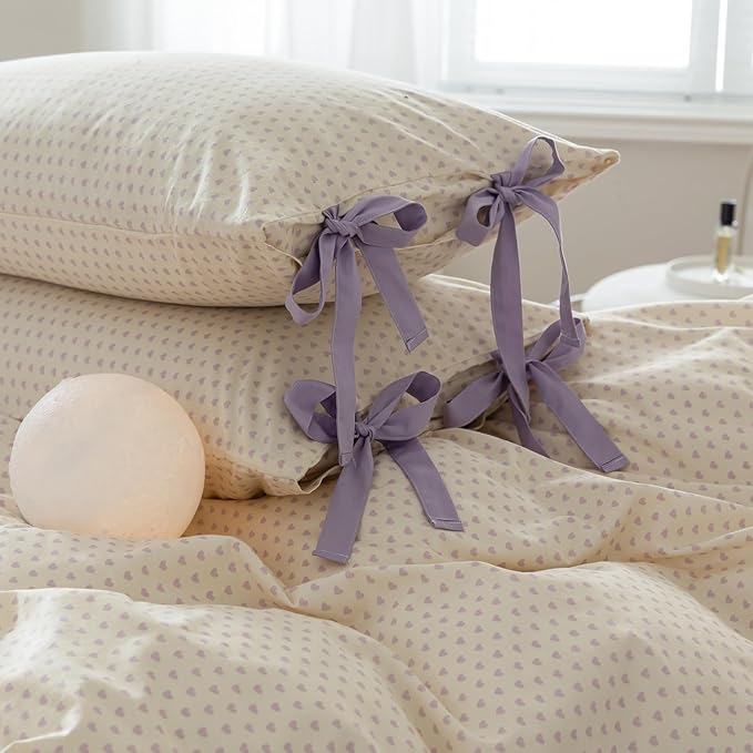 AOJIM Aesthetic Purple Duvet Cover Set for Kids Adults, Pure Cotton Bedding Comforter Cover with Heart Motif, 1 Twin Duvet Cover 68x86 and 2 Pillowcases 20x26 with Bow Ties for Room Decor, No Quilt