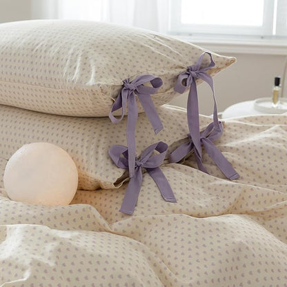 AOJIM Aesthetic Purple Duvet Cover Set for Kids Adults, Pure Cotton Bedding Comforter Cover with Heart Motif, 1 Twin Duvet Cover 68x86 and 2 Pillowcases 20x26 with Bow Ties for Room Decor, No Quilt