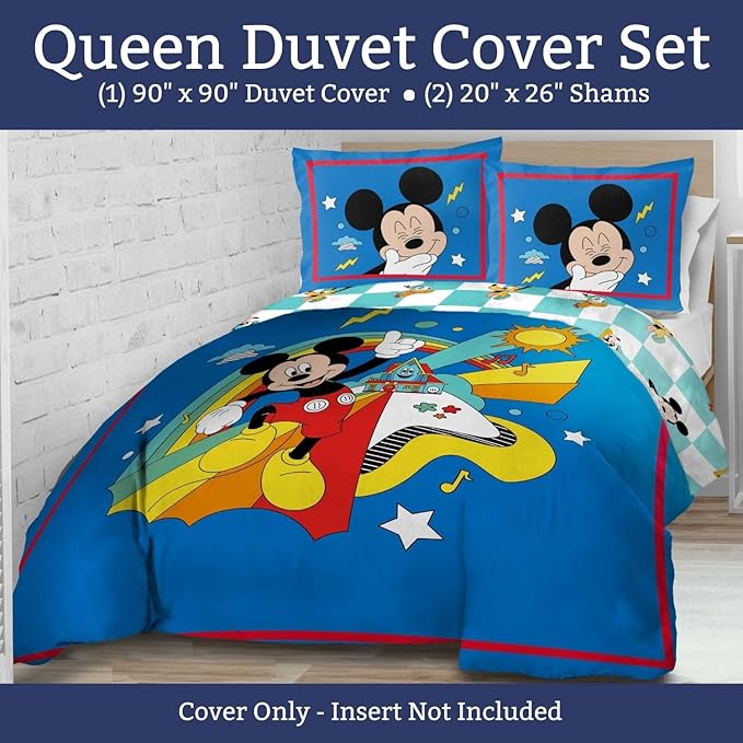 Jay Franco Duvet Cover Set – 3 Piece Comforter Cover and Sham Set, Super Soft Cozy Kids Bedding (Insert Not Included) Blue - Mickey Mouse, Queen