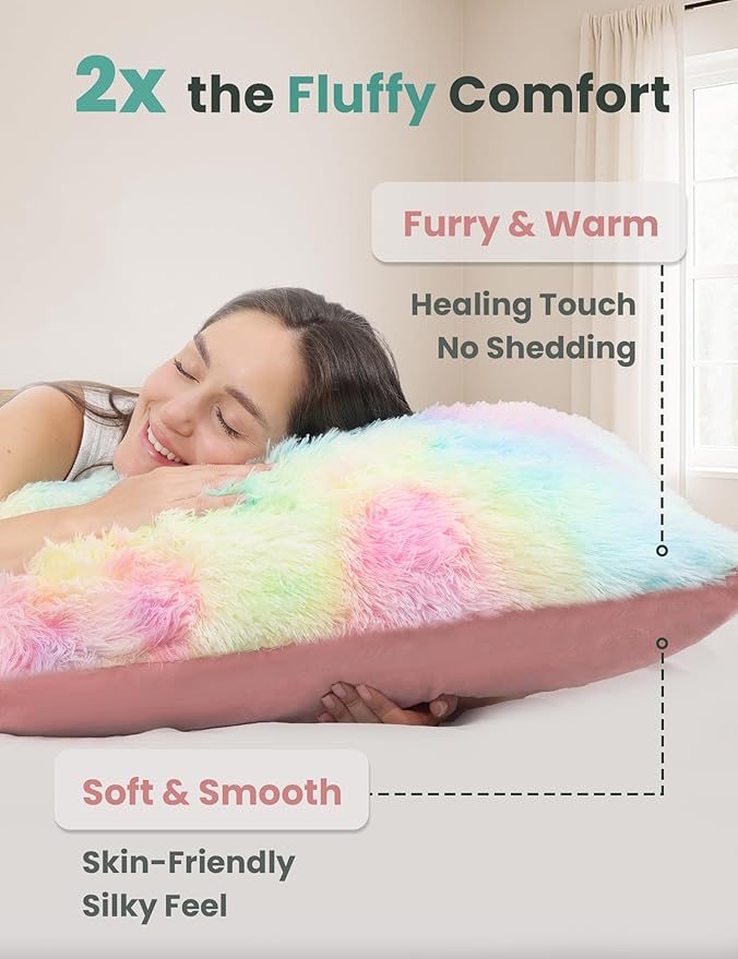 ZonLi Fluffy Faux Fur Rainbow Body Pillow,Adjustable Memory Foam Fill with Washable Cover，20x54 Long Pillow for Adults Girls & Kids, Side Sleep Body Pillow