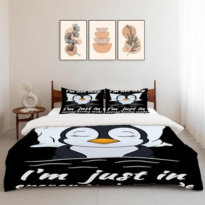Penguin Theme 3 Pieces Duvet Cover Comforter Set with 2 Pillowcase Queen Size Cute Penguin Bed Sheet Quilt Bedroom Bedding for Lover Kids