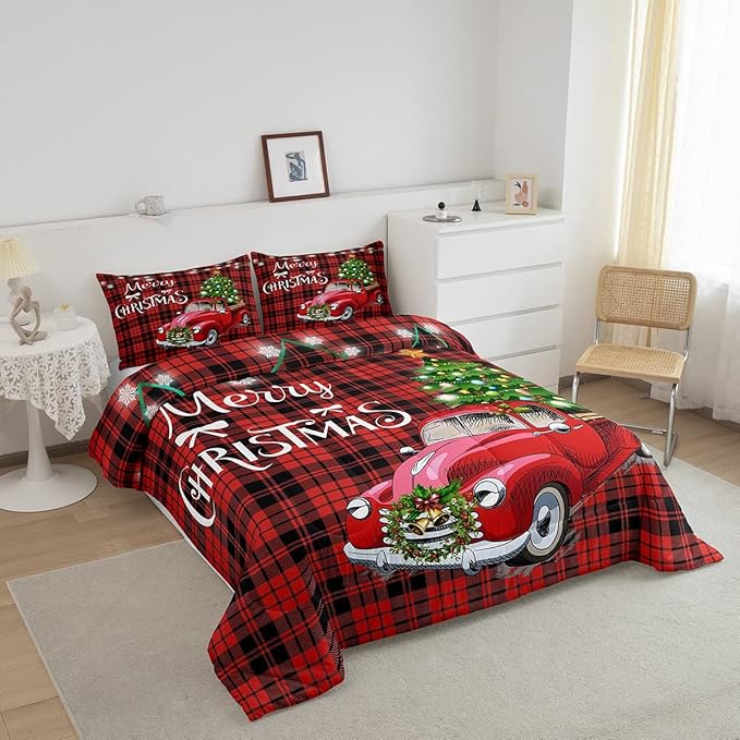 Erosebridal Christmas Comforter Set for Men & Women - Twin Merry Christmas Truck Duvet Insert - Black & Red Grid Checkered Down Comforter with 1 Pillowcase - Warm & Cozy Gift