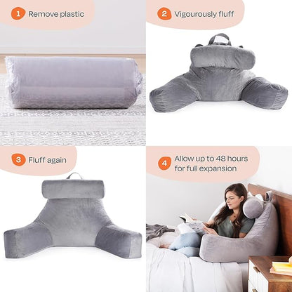 LINENSPA Reading Pillow with Shredded Memory Foam- Back Pillow for Sitting in Bed, Reading, Gaming, Watching TV – Chair Pillow with Arms, Dorm Room Essentials, Stone