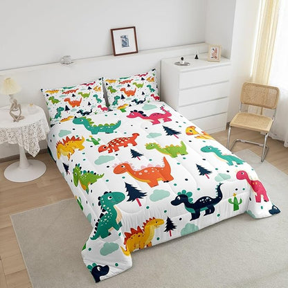 Cartoon Dino Kids Comforter Set Queen Size,Cute Dinosaur Watercolor Wild Animal Bedding Set for Women Adult,Kawaii Dino Dots Pine Cloud Print Luxury Bed Duvet Insert, 2 Pillowcases