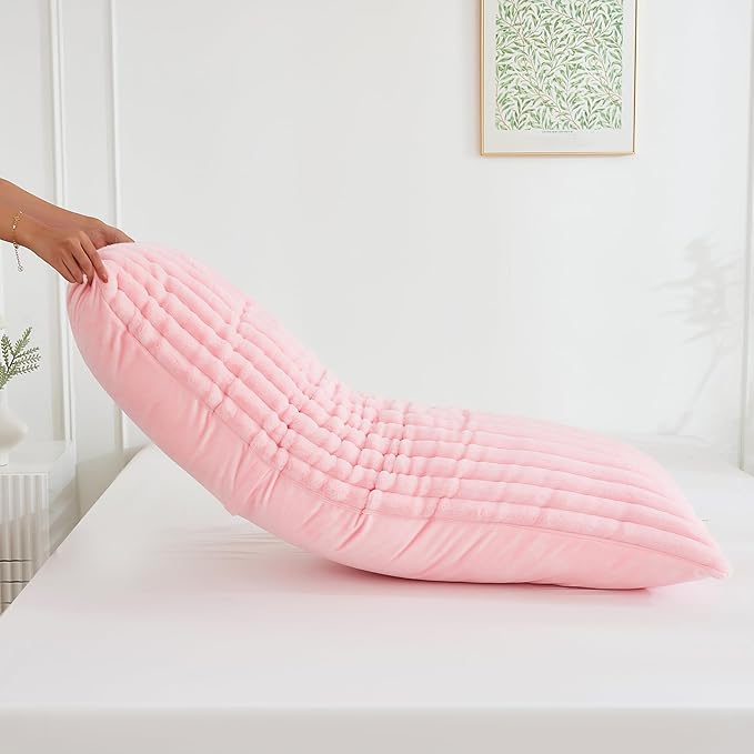 Full Body Pillow with Fluffy Stripe Faux Fur Removable Cover, Long Bed Pillow Adult 20x54 Inches for Side Sleeper and Pregnancy, Pink.