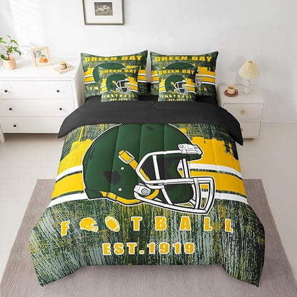 Erosebridal Football Gamed Bedding Set for Boys Girls Youth Sports Room Decor, Football City Themed Comforter Sets with Sheets Army Green Yellow Seasonal Color Bed in A Bag King 7 Pieces