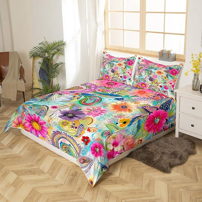 Flowers Tie Dye Comforter Cover Full Size 80"x90",Colorful Paisley Print Duvet Cover for Girls Teens,Romantic Boho Pink Blue Floral Polyester Quilt Cover with 2 Pillowcases, (No Comforter)
