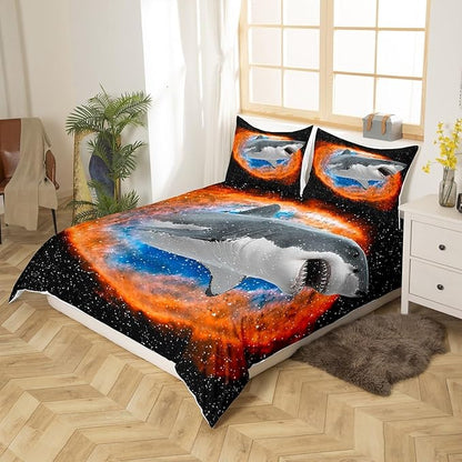 3D Shark Queen Duvet Cover,Starry Galaxy Nebula Comforter Cover 3pcs,Fierce Sea Creature with Sharp Teeth Bedding Set,Mystery Universe,No Comforter
