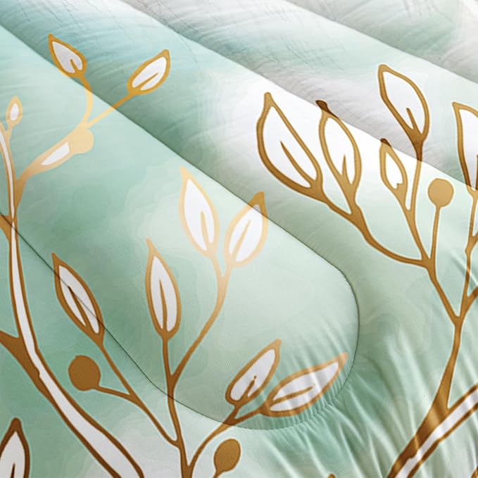 Floral Kid Galloping Horse Comforter Set Full Animal Theme Handsome Horse Bedding Set Decorated with Green and Gold Leaves for Boys Girls Adult, 1 Comforter + 2 Pillowcases