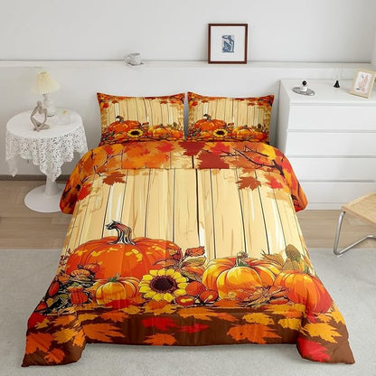 Feelyou Fall Pumpkin Bedding Set Full Size Thanksgiving Harvest Season Fruit Decor Comforter Set for Kids Boys Girls Decor Maple Leaf Comforter Microfiber Deep Orange Duvet Set