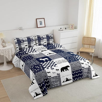 Feelyou Deer Moose Print Comforter Set for Girls Women Teens Adult, Kids Boys Bear Hunting Bedding Set, Wild Animal Comforter Soft Quilt,Blue with 2 Pillowcases 3Pcs Bedding King Boys