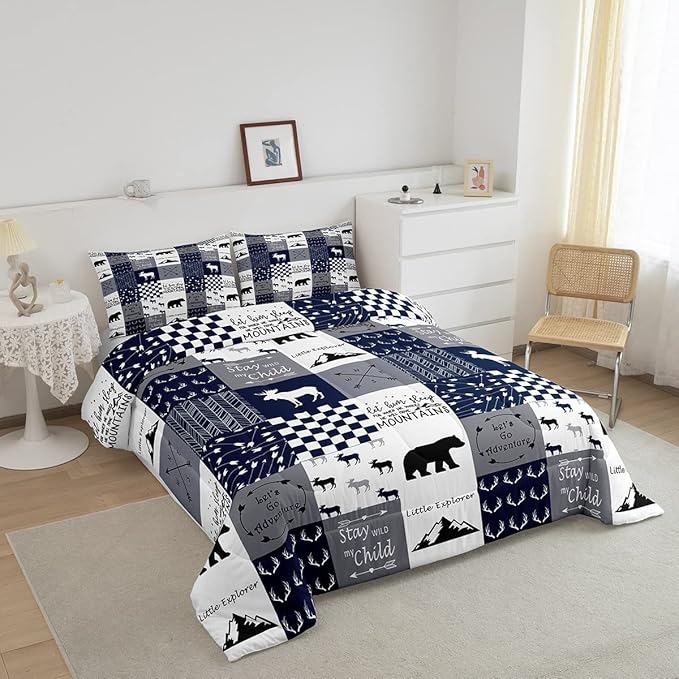 Feelyou Deer Moose Print Comforter Set for Girls Women Teens Adult, Kids Boys Bear Hunting Theme Bedding Set, 3D Wild Animal Comforter Soft Quilt Set,Blue with 1 Pillowcase 2Pcs Bedding Twin