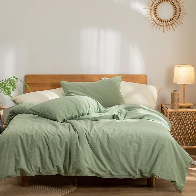 Green Duvet Cover Queen, 100% Washed Cotton Linen Like Textured Solid Color Casual Modern Style Green Bedding Set, with Zipper Closure, Luxury Soft Relaxed Feel Natural Wrinkled Comfy (3pcs, Queen)