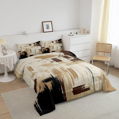 Feelyou Abstract Bedding Set Kids Modern Abstract Art Comforter Set Brown Grey Black Comforter for Boys Room Decor Lightweight Duvet Set Toddler Size with 1 Pillow Case