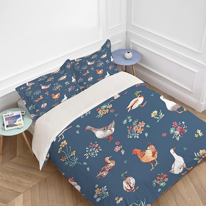 Chicken Duck Goose Theme 3 Pieces Duvet Cover Comforter Set with 2 Pillowcase Twin Size Farm Animal Bed Sheet Quilt Bedroom Bedding for Lover Kids