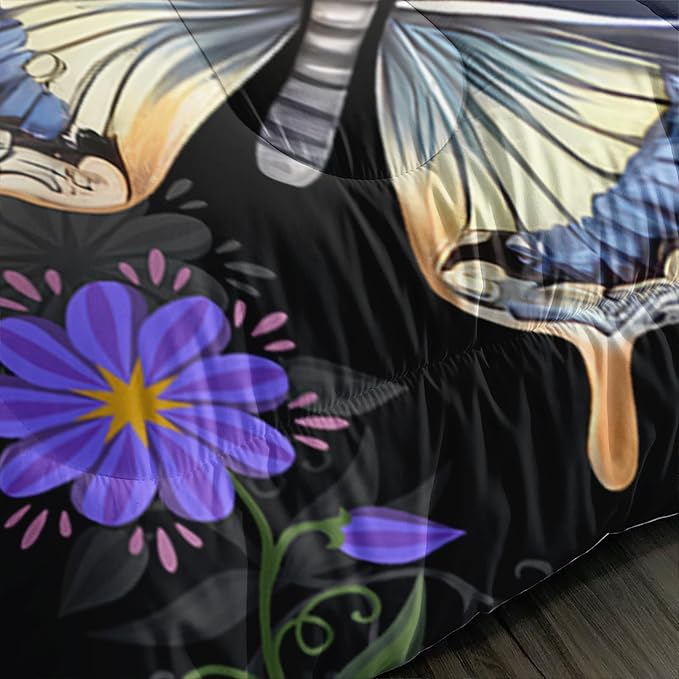 Black Floral Comforter Set Full Size, Colorful Butterfly and Flowers Bedding Set, Soft Polyester Quilt Set with 2 Pillowcases