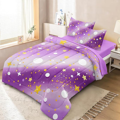 3 Pcs Full Bedding Sets for Girls, Purple Glitter Rainbow Full Size Bed Set, Stars Galaxy Bedding Comforter Set for Girls