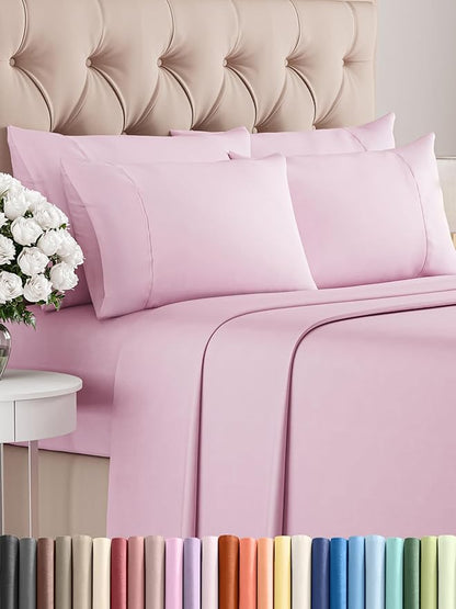 Cal King 6 Piece Sheet Set - Comfy Breathable & Cooling - Soft Hotel Luxury Bedding Set with 8-16 Inch Deep Pockets - 1 Flat & 1 Fitted Sheet & 4 Pillowcases - Wrinkle Free & Easy Care - Light Pink