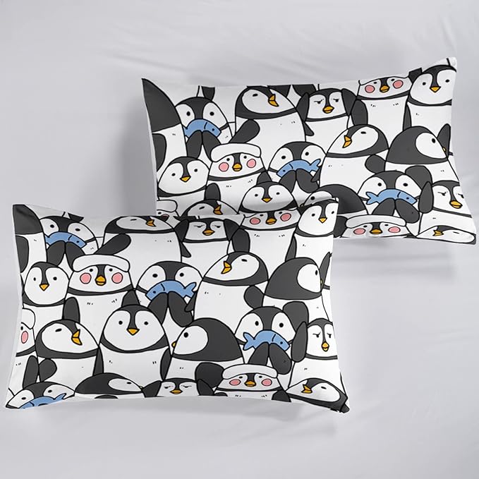 CVHOUSE Cartoon Penguin Bedding Set - 3 Pieces (1 Comforter + 2 Pillow Cases) - Twin, Full, Queen Sizes - Black