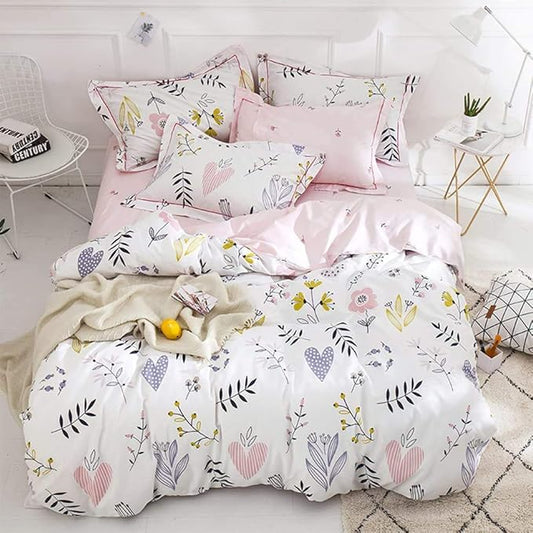 BuLuTu Floral Love Print Girls Duvet Cover Full Size White/Pink Cotton Premium Blossom Kawaii Reversible Kids Bedroom Comforter Cover Bedding Sets for Toddler,Teen,Breathable,Lightweight,Zipper