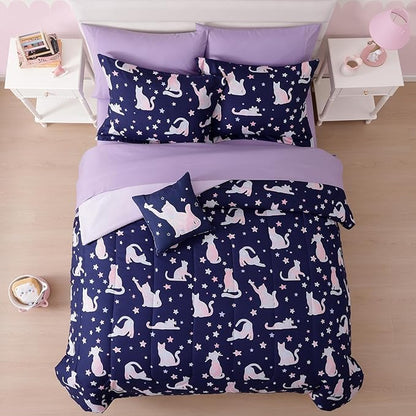 Full Size Comforter Set for Girls-4 Pieces Cute Cat Full Bedding Sets for Kids, 1 Comforter, 2 Shams and 1 Decor Pillow