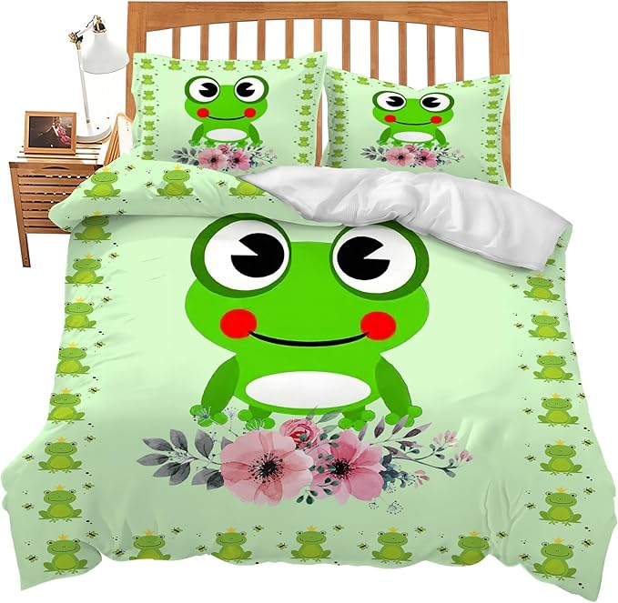 Frog Bedding Set Cartoon Frog Theme Comforter Set for Kids Teens Adults Women Men Green Frog Duvet Cover Bedroom Decor Soft King Size Quilt Cover with 2 Pillowcases