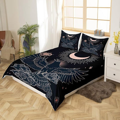 Castle Fairy Flying Bird and Moon Bedding Set Twin,Golden Stars Cloud Duvet Cover with 1 Pillow Sham Comforter Cover for Kids Boys,Raven Night Sky Quilt Cover Set Decorative 2 Pcs
