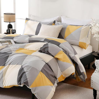 Yellow and Grey Duvet Cover Set King Size, 100% Natural Cotton Geometric Duvet Cover 3 Piece Soft Breathable Bedding Set for All Seasons