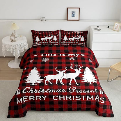 Christmas Comforter Set,Reindeer Moose Deer Bedding Set for Kids Boys Girls,Black Red Merry Christmas Grid Checkered Duvet Insert Queen,Happy New Year Xmas Down Comforter with 2 Pillow Shams