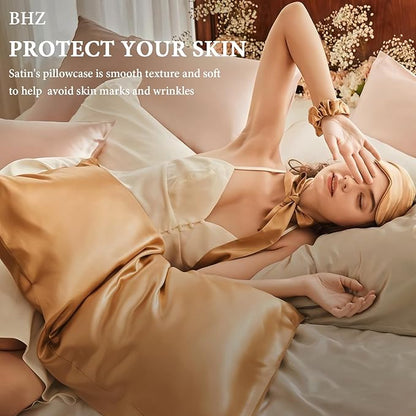 BHZ Beige Satin Goose Down Feather Pillows King Size Set of 2 with Pillowcase for Hair and Skin, Cooling Pillow Cases Similar to Silk Pillow Cases, Decorative for Women, Mom Men