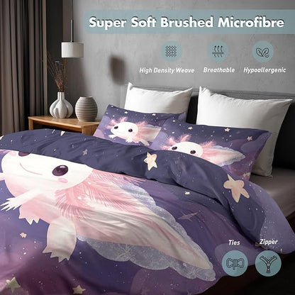 Axolotl Duvet Cover Oversized Queen Size, Kids Boys Girls Bedding Set 3 Pcs (2 Pillow Shams), Super Soft Microfiber Bedroom Decor, Zipper & Ties CSXQ1249
