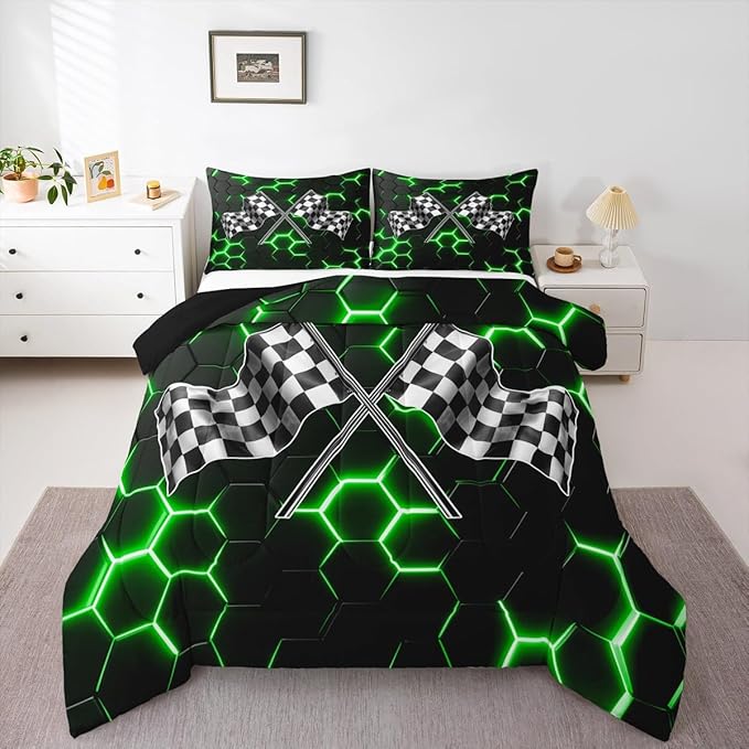 Black White Checkered Flag Bedding Sets Queen Size,Neon Green Light Honeycomb Hexagon Comforter Set 3pcs for Kids Boys Teens Men Cool 3D Black Quilted Duvet Race Car Duvet Insert Bedroom Decor