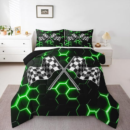 Black White Checkered Flag Bedding Sets Queen Size,Neon Green Light Honeycomb Hexagon Comforter Set 3pcs for Kids Boys Teens Men Cool 3D Black Quilted Duvet Race Car Duvet Insert Bedroom Decor