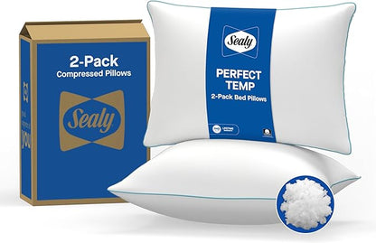 SEALY Perfect Temp Bed Pillows, Plush 100% Cotton Cover, Soft, Breathable, Temperature Balancing, Moisture Wicking, Hypoallergenic EverFluff Fiberfill, Machine Washable, King, White- 2 Pack