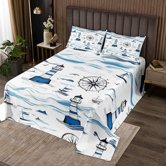 Erosebridal Lighthouse Bedspread Queen Size, Nautical Bedspread Quilt Set Anchor Rudder Coverlet Set for Kids Adult, Modern Fade Quilt Set Soft Microfiber Decorative
